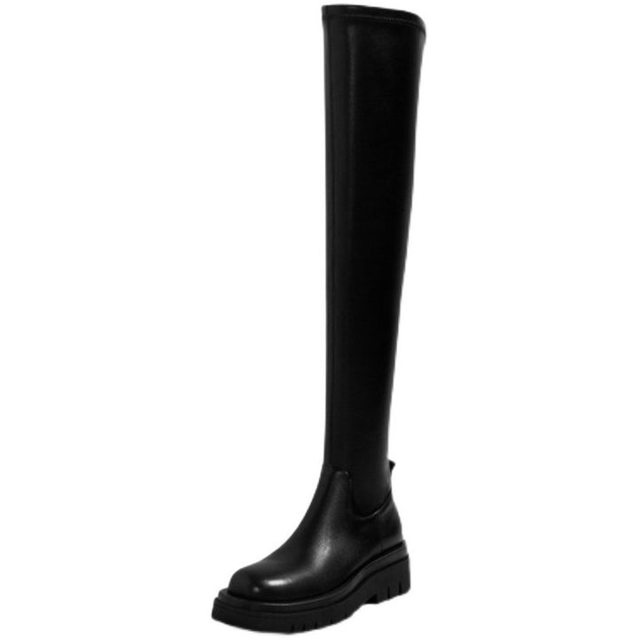 Thick Sole Knee High Boots For Women Chunky Heel Black Long Boots Leather Knight Boots Fashion Winter Shoes-4-Zishirts