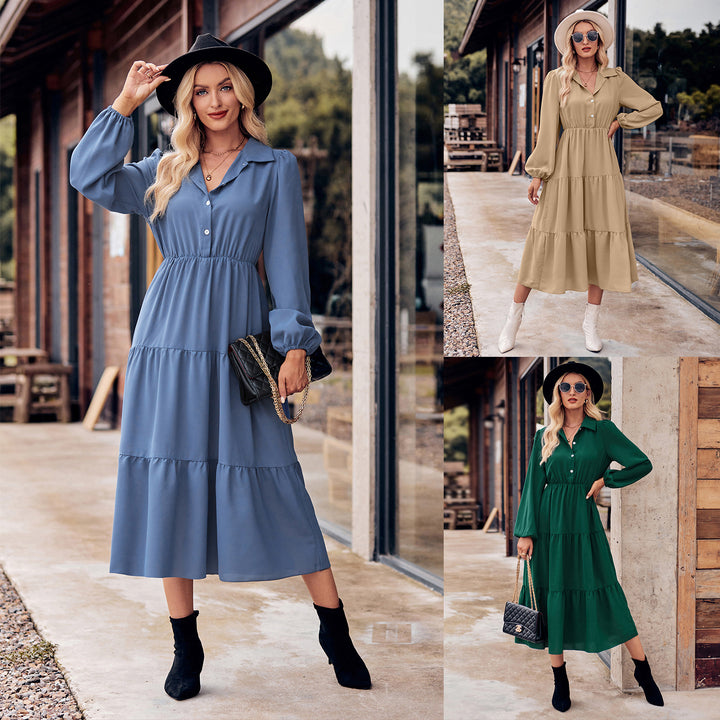 Solid Color Casual Shirt Collar Waist-controlled Long Sleeves Dress-Lady Dresses-Zishirts