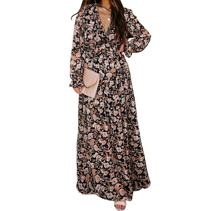 Printed Long Sleeve Dress Women's V-neck Loose-Women's Outerwear 2023-Zishirts