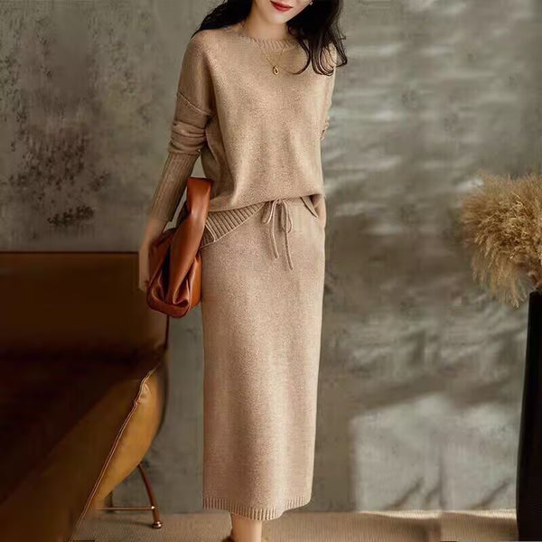 Drawstring High Waist Pure Color Wool Knitted Dress Two-piece Set-Suits & Sets-Zishirts