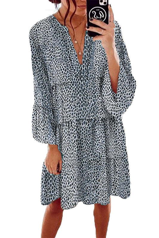 Women's Clothing Leopard Print V-neck Plus Size Loose Long Sleeve Dress-Womens 2024 March-Zishirts