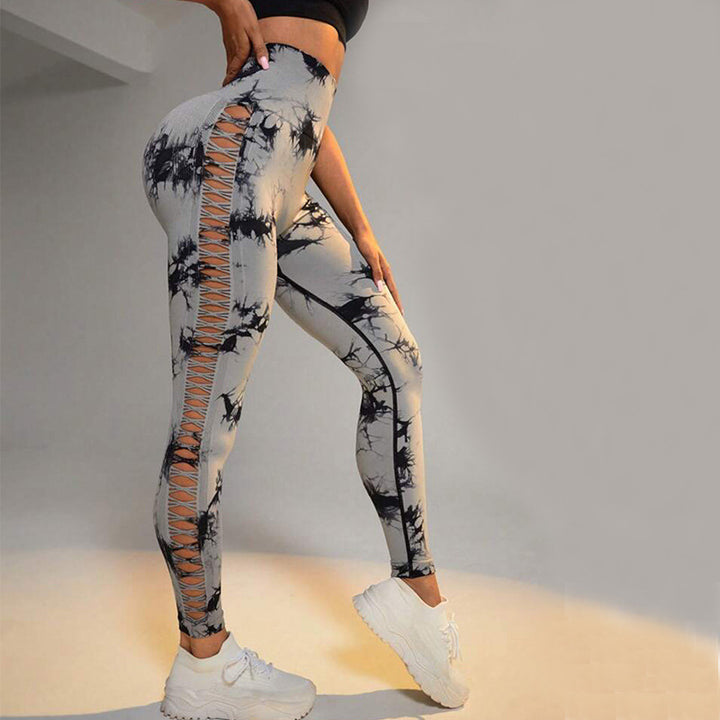 Hollow Tie Dye Printed Yoga Pants High Waist Butt Lift Seamless Sports Gym Fitness Leggings Slim Pants For Women Tight Trousers-Women's Outerwear 2023-Zishirts