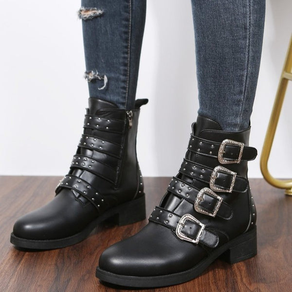 Women's Fashion Belt Buckle Flat Heel Mid-calf Chunky Heel Round Head Dr Martens Boots-Womens Footwear-Zishirts