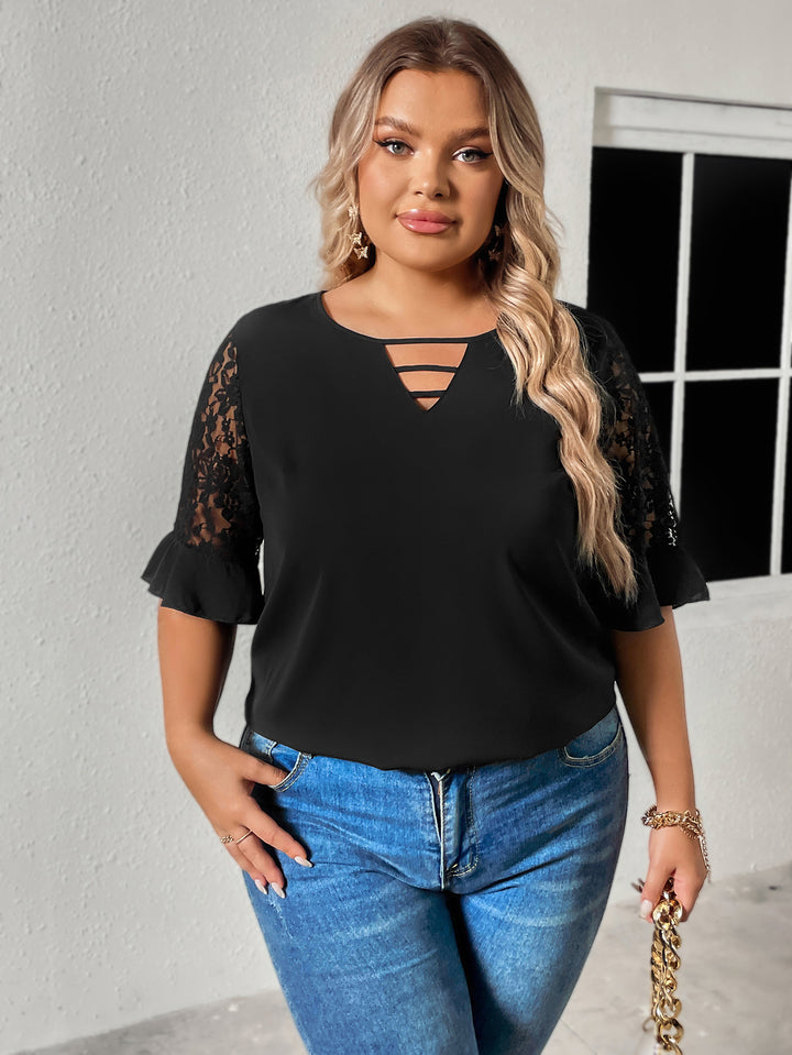 Women's Loose Pullover V-neck Lace Short-sleeved Top-Blouses & Shirts-Zishirts