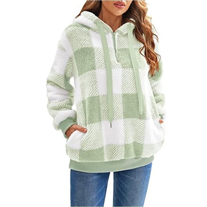 Fashion Plaid Hooded Sweatshirt With Pockets Casual Zipper Plush Tops For Womens Clothing-Jackets-Zishirts