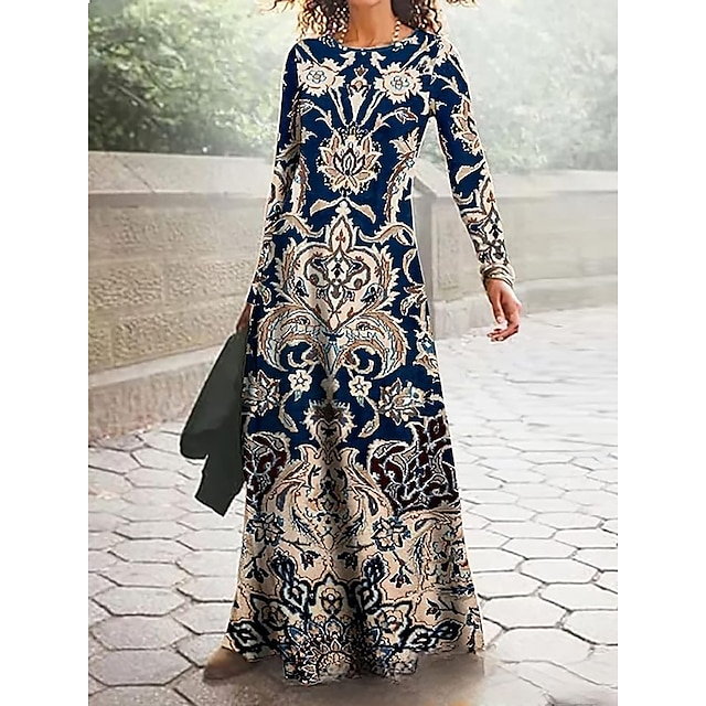 Women's Cotton Printed Round Neck Wide Hem Long Sleeve Dress-Lady Dresses-Zishirts