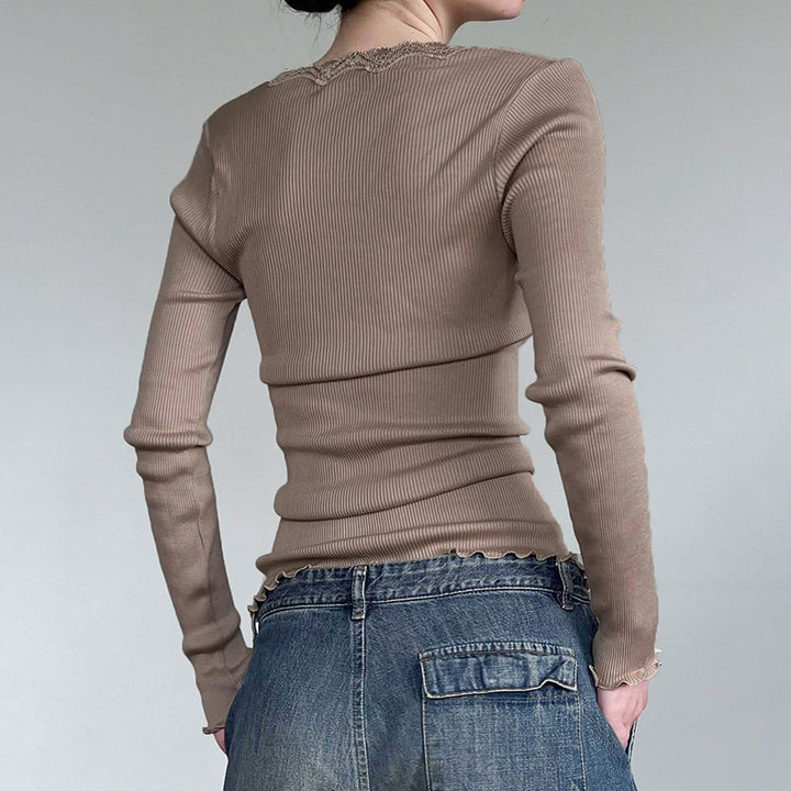 Lace Spliced Ribbed Slim Long Sleeve T-shirt-Blouses & Shirts-Zishirts