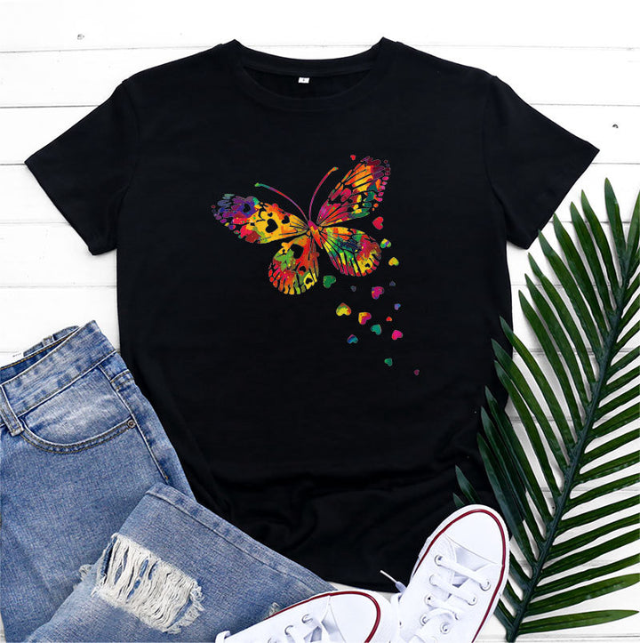 Women's Fashion Casual Heart Butterfly Printed Cotton Round Neck Short Sleeve-Women's Outerwear 2023-Zishirts