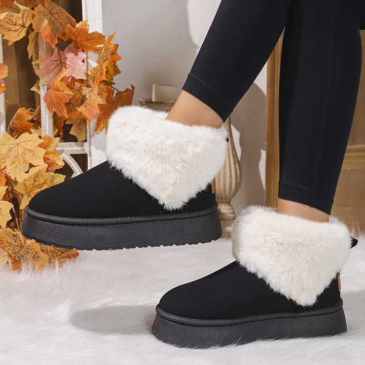 Winter Plush Snow Boots Fashion Round Toe Flat Thickened Suede Cotton Shoes For Women Casual Warm Short Boot-Womens Footwear-Zishirts