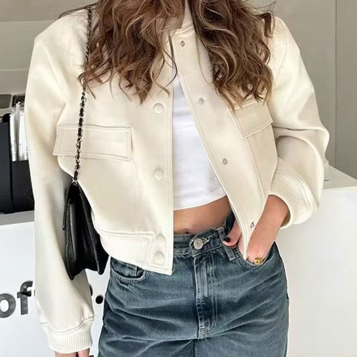 Fashion Button Stand-collar Jacket With Big Pockets Casual Loose Short Outwear Tops Coat For Women Clothing-Jackets-Zishirts