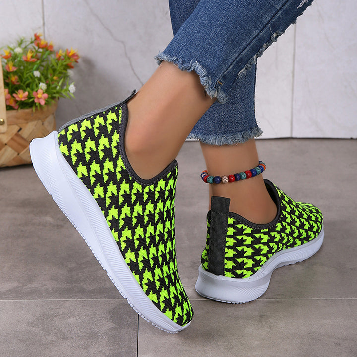 Houndstooth Print Sneakers Round Toe Mesh Flats Shoes-Womens Footwear-Zishirts