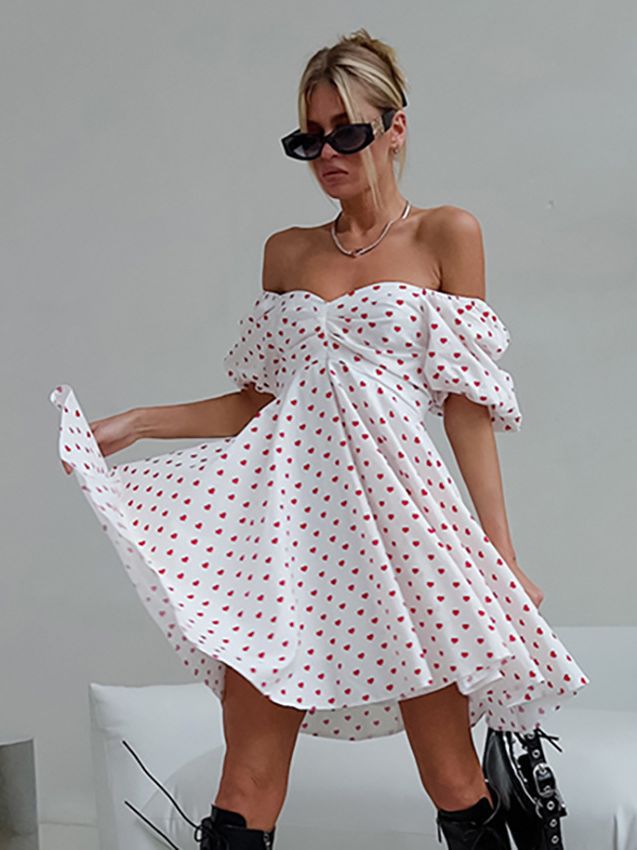 Women's Temperament Leisure Off-neck Printed Puff Sleeve Dress-Lady Dresses-Zishirts