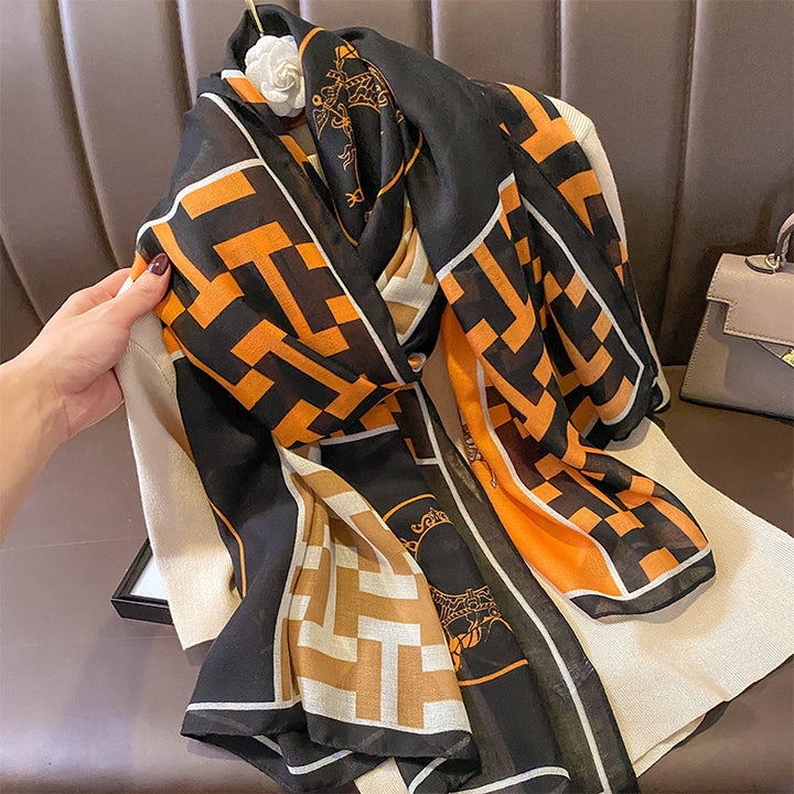 Retro Style Stitching Contrast Color Cotton And Linen Feel Scarf Silk Scarf Outer Shawl Dual-use-Scarves & Wraps-Zishirts