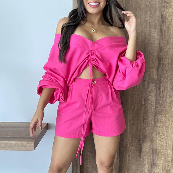 Women's Fashionable Off-shoulder Puff Sleeve Short Top High Waist Shorts Suit-Suits & Sets-Zishirts