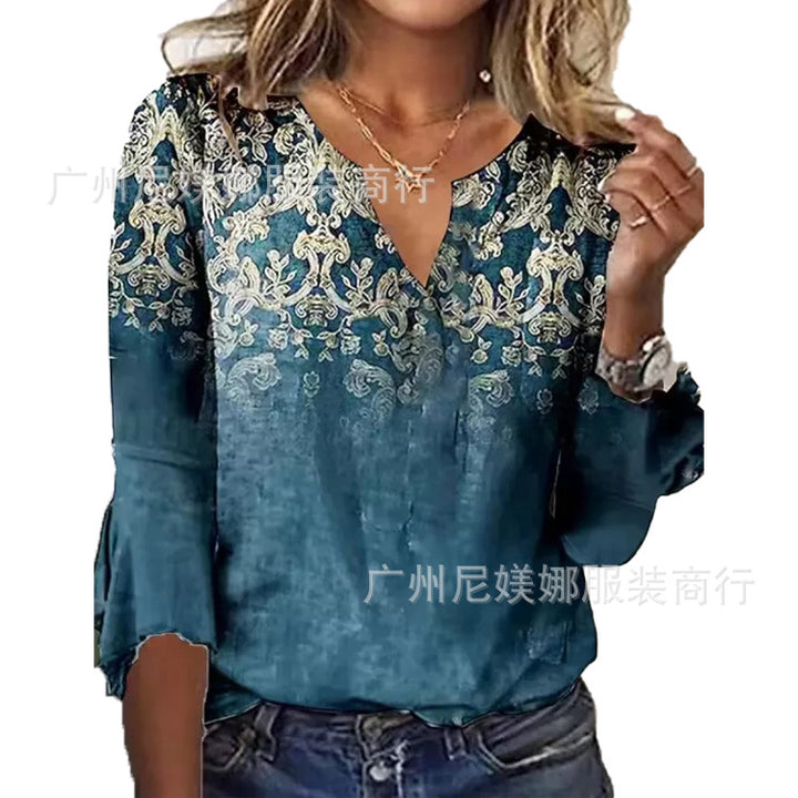 Printed V-neck Flare Sleeve T-shirt-Blouses & Shirts-Zishirts