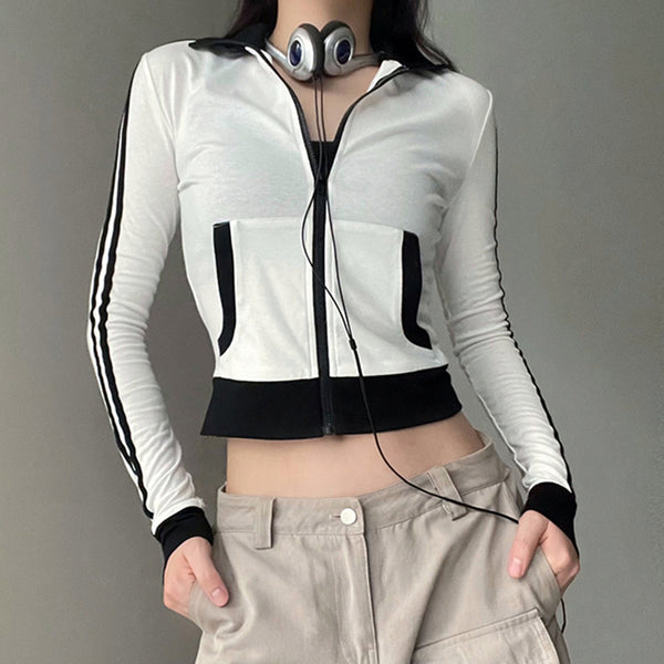 Women's Zipped Stand Collar Black And White Long-sleeved Top-Blouses & Shirts-Zishirts