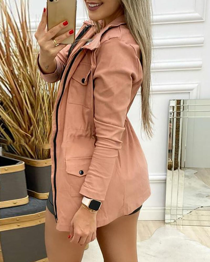 Women's Fashion Pink Leisure Cargo Waist Drawstring Coat-Suits & Sets-Zishirts