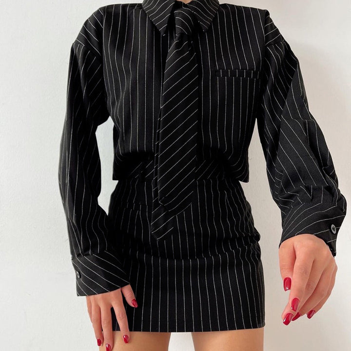 Striped Long Sleeve Tie Shirt Outfit Package Hip Skirt Two-piece Set-Suits & Sets-Zishirts