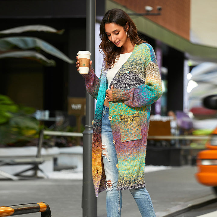 Knitted Sweater Loose Rainbow Long Coat Wool Cardigan-Sweaters-Zishirts