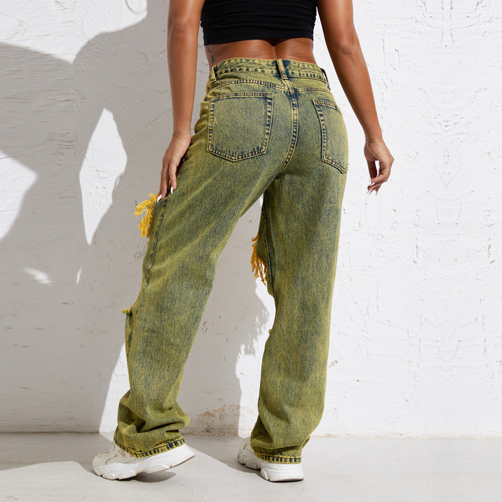 Shascullfites Melody Yellow Wash Streetwear Split Loose Straight Jeans Y2K Ripped Retro Women Denim Pants-Woman Jeans-Zishirts