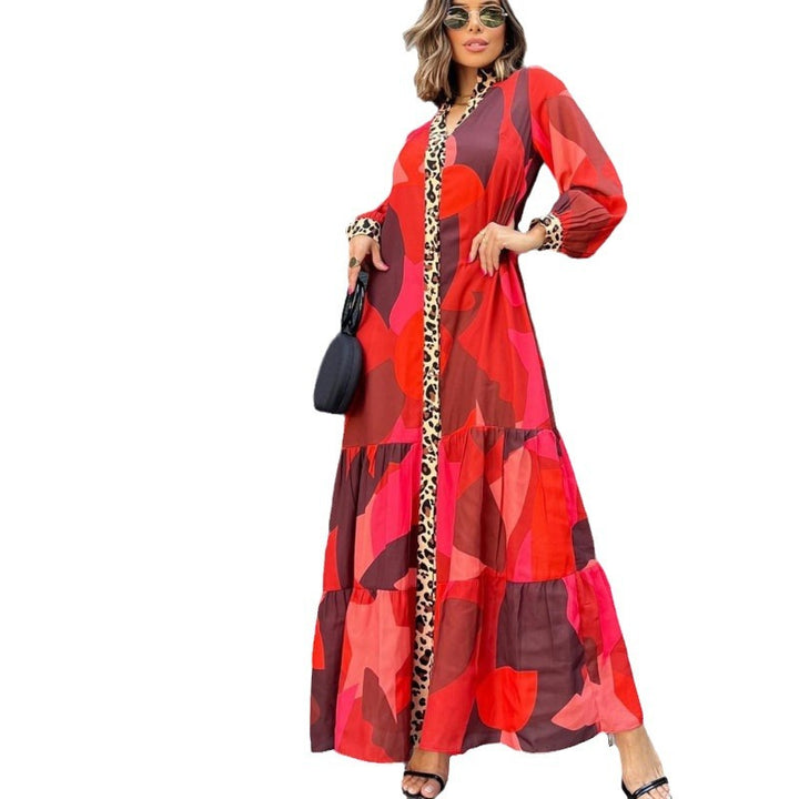 Fashion Print Stitching Dress Button Cardigan Long Casual Skirt-Women's Outerwear 2023-Zishirts