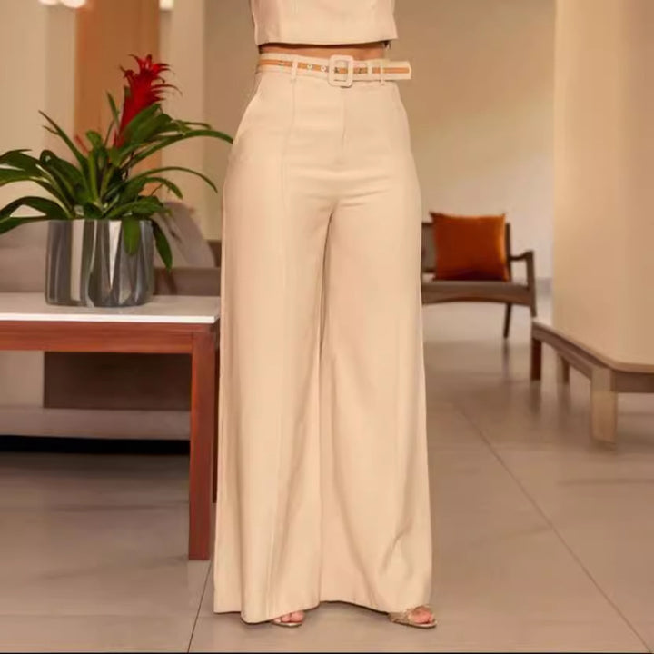 Solid Color Round Neck Sleeveless Short High Waist Wide Leg Pants Suit-Womens 2024 March-Zishirts