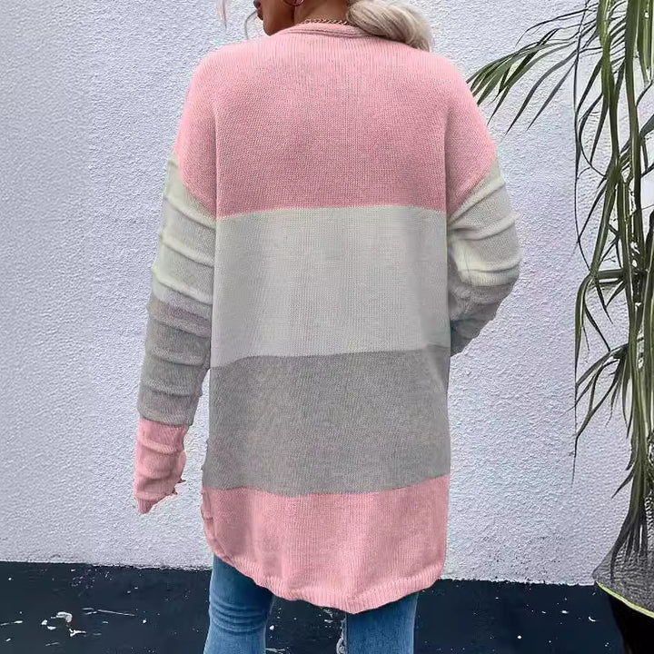 Amazon AliExpress Sweater Women's 2024 Fashion Jacket With Big Pockets Autumn And Winter Long Striped Color Matching Cardigan-Jackets-Zishirts