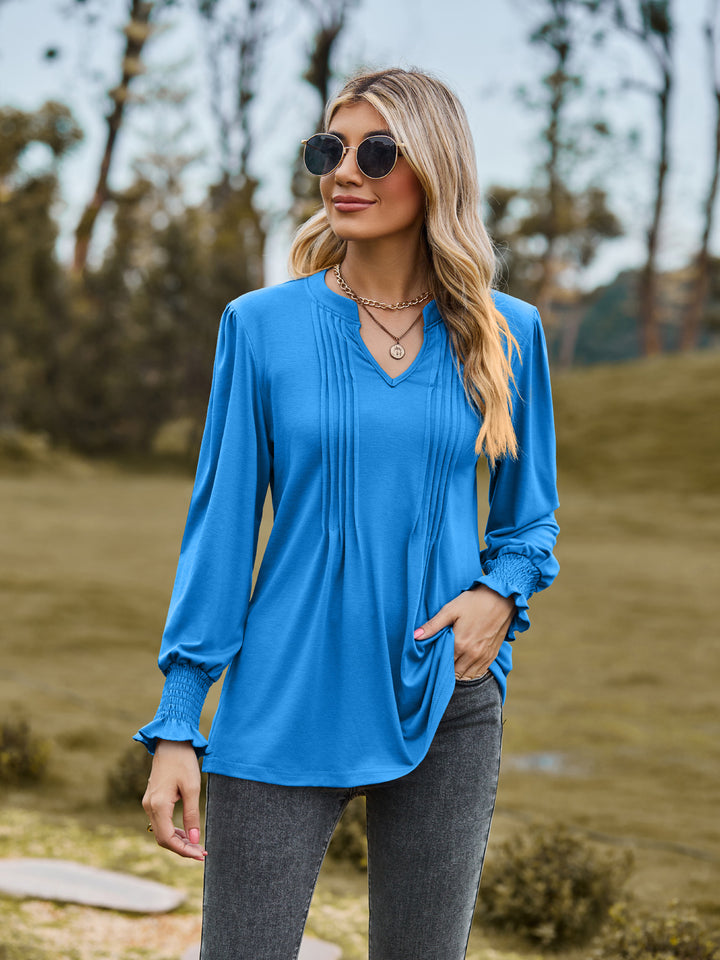 Women's Solid Color Striped Puff Sleeve V-neck Smocking Long Sleeve Top-Blouses & Shirts-Zishirts