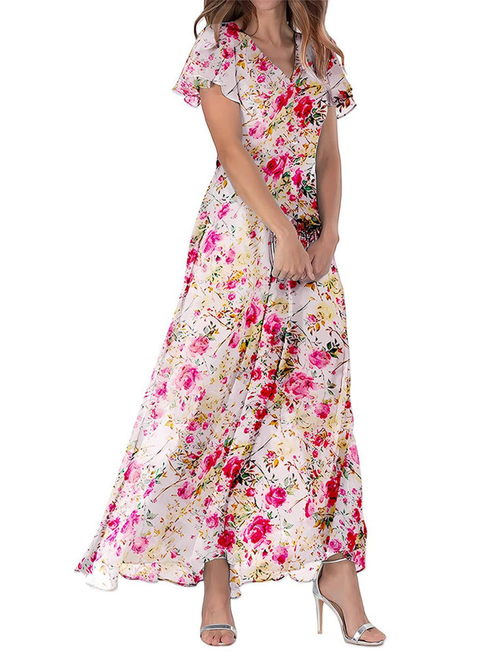 Women's Short Sleeve Printed Chiffon Dress-Lady Dresses-Zishirts