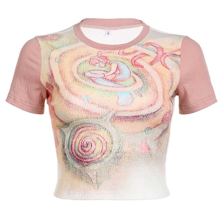 Girl Print Crew Neck Short T-shirt Top-Blouses & Shirts-Zishirts