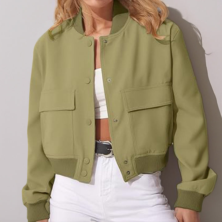 Fashion Button Stand-collar Jacket With Big Pockets Casual Loose Short Outwear Tops Coat For Women Clothing-Jackets-Zishirts