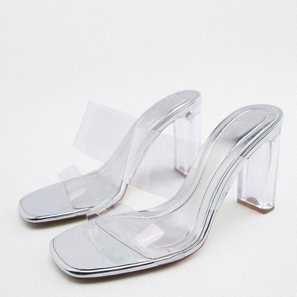 Women's Silver Transparent Crystal High Heels-Womens Footwear-Zishirts