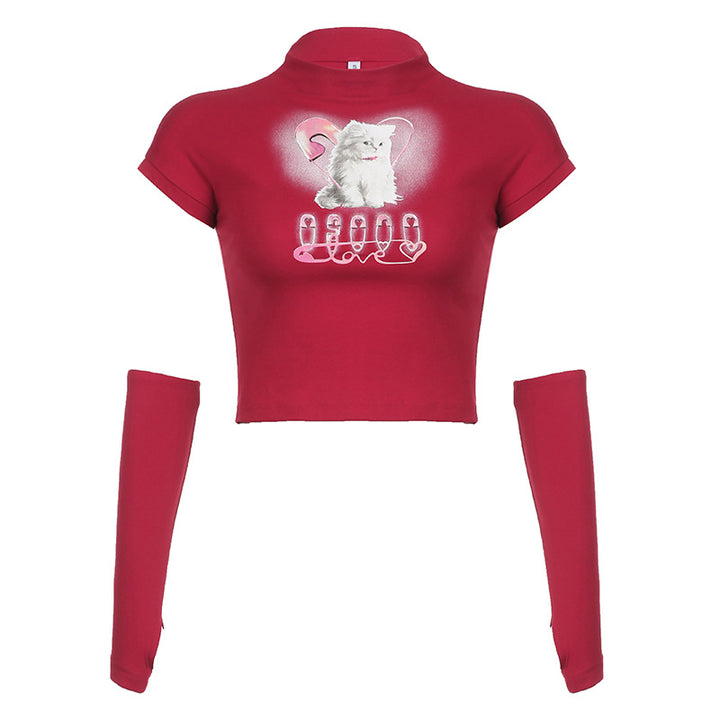 Cat Printing Cropped T-shirt Street Style-Blouses & Shirts-Zishirts