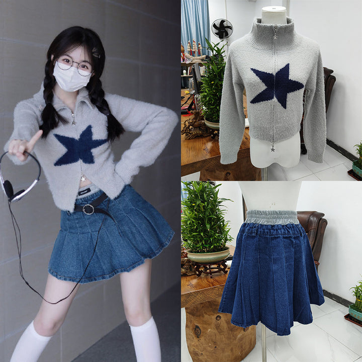 Short A Words Denim Skirt Suit Female-Women's Outerwear 2023-Zishirts