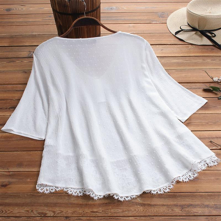 Women's Jacquard Pleated Lace Hollow Out V-neck Shirt-Womens 2024 March-Zishirts