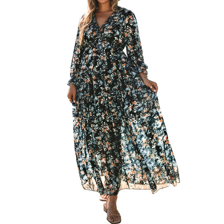 Printed Long Sleeve Dress Women's V-neck Loose-Women's Outerwear 2023-Zishirts