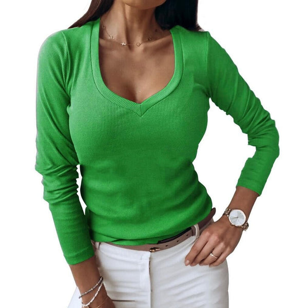 Women's V-neck Ribbed Long-sleeved Shirt-Womens 2024 March-Zishirts