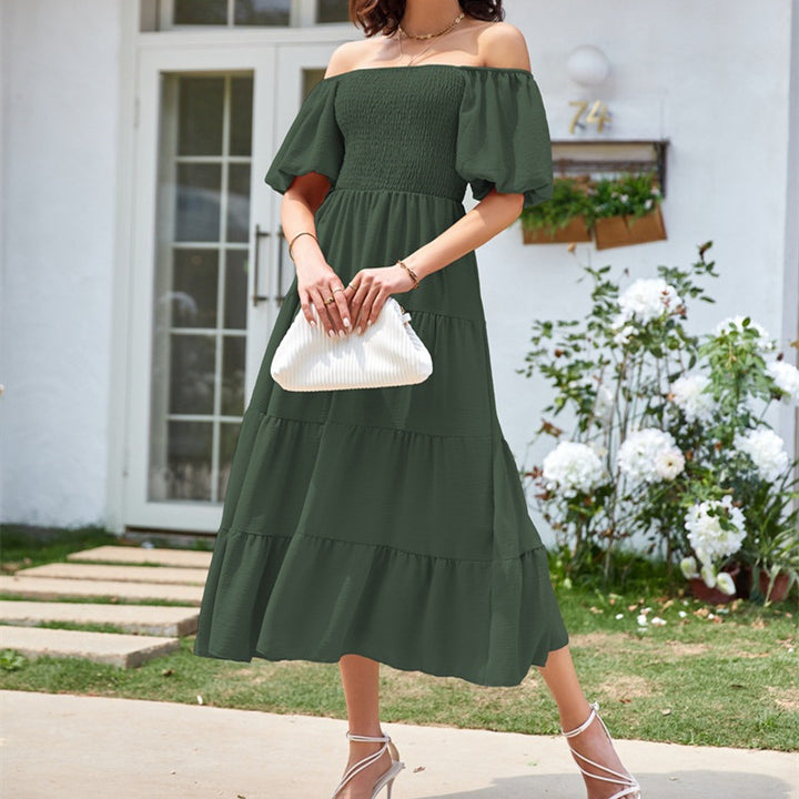 Square Collar Backless Puff Sleeve Pleated Short Sleeves Dress-Lady Dresses-Zishirts