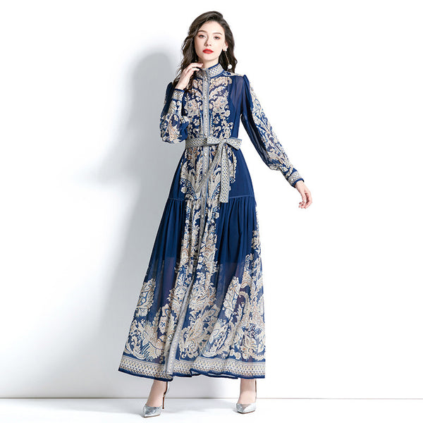 Long Sleeve Stand-up Collar Puff Sleeve Lace Printing Dress-Women's Outerwear 2023-Zishirts