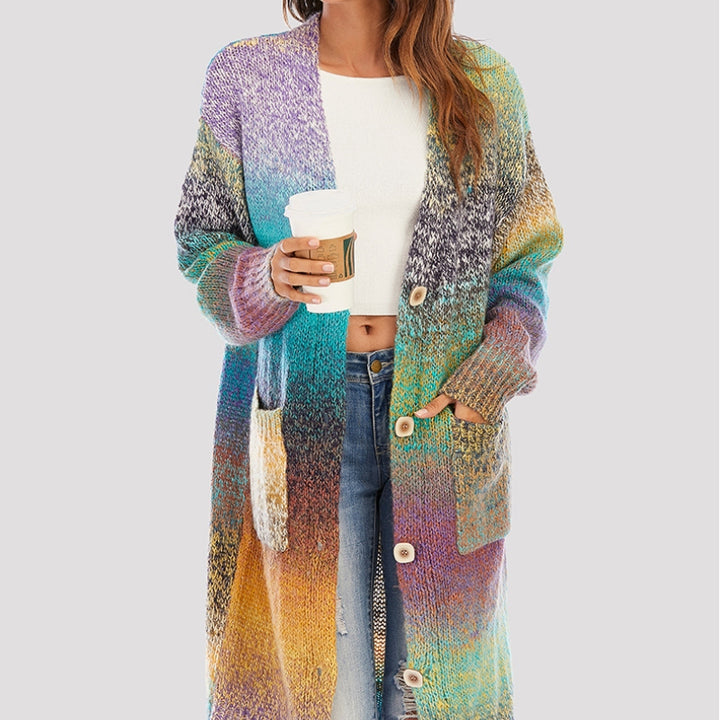 Knitted Sweater Loose Rainbow Long Coat Wool Cardigan-Sweaters-Zishirts