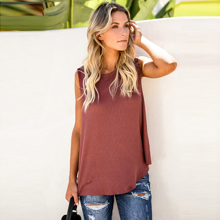 Solid Color Round Neck Sleeveless T-shirt Top Vest-Blouses & Shirts-Zishirts