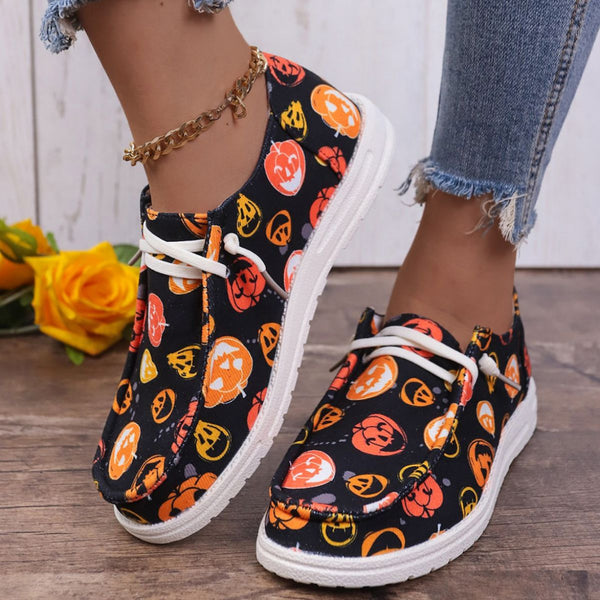 Halloween Pumpkin Print Ghost European And American Flat Canvas Casual Shoes-Womens Footwear-Zishirts