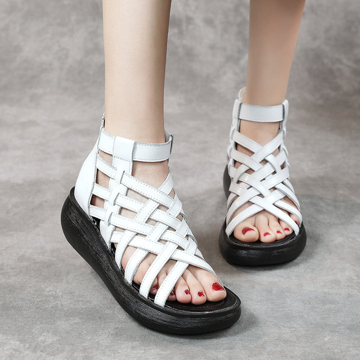 New Ethnic Style Retro Wedge Sandals Women's Casual Bag Heel Sandal Boots Cowhide Fish Mouth Sandals-Womens Footwear-Zishirts
