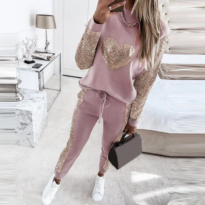 Women's Love Sequined Turtleneck Top And Trousers Casual Suit-Women's Outerwear 2023-Zishirts