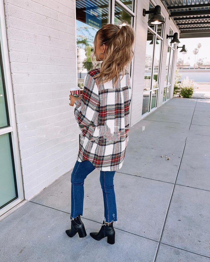 Long Sleeve Loose Women Plaid Coat-Jackets-Zishirts