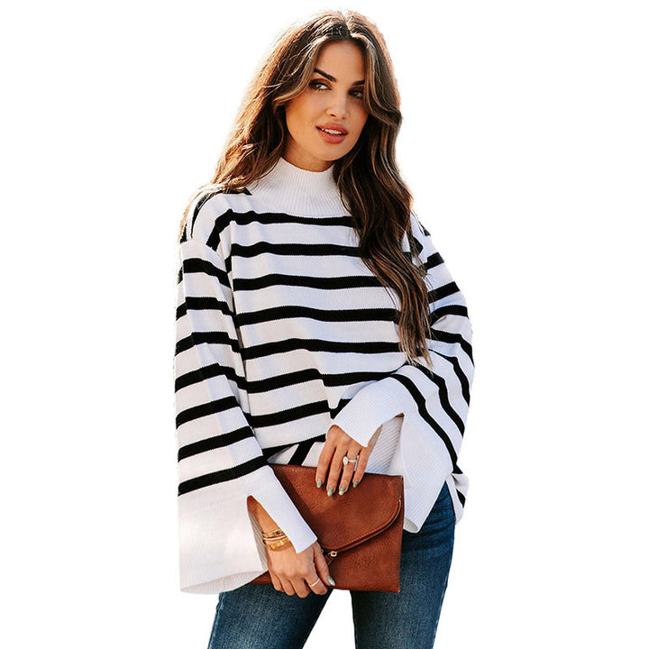 Striped Turtleneck Sweater Women's Cuffs-Women's Outerwear 2023-Zishirts