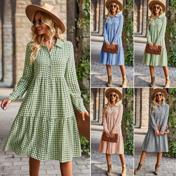 Wide Hem Long Sleeve Dress Plaid Casual Dress-Lady Dresses-Zishirts