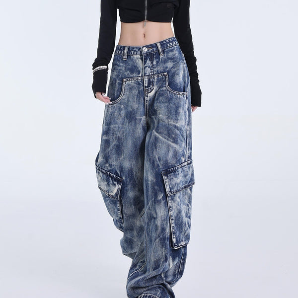 Retro Heavy Industry Washed Tie-dyed Jeans Straight Wide Leg Overalls-Woman Jeans-Zishirts