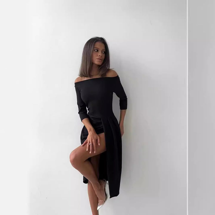 Women's Off-neck Long Sleeve Waist Slit Dress-Lady Dresses-Zishirts