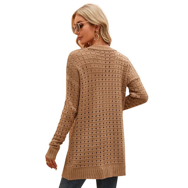 Women's Solid Color Hollow-out Knitted Cardigan Loose Sweater Coat-Sweaters-Zishirts